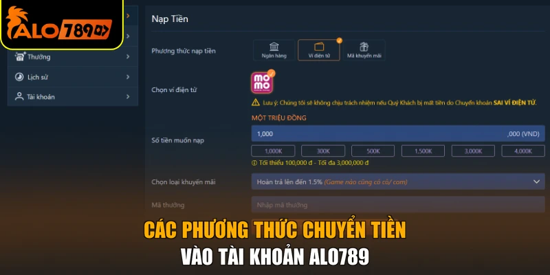 Các phương thức chuyển tiền vào tài khoản ALO789